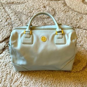 Robins egg saffiano leather satchel